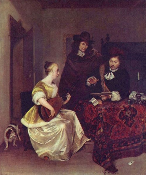 A Woman playing a Theorbo to Two Men